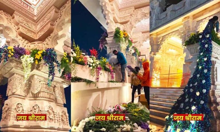 रात के वक्त रोशनी में राम मंदिर की शोभा देखते